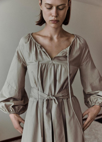 Vince Shirred Cotton Belted Tie-Neck Dress - Dresses