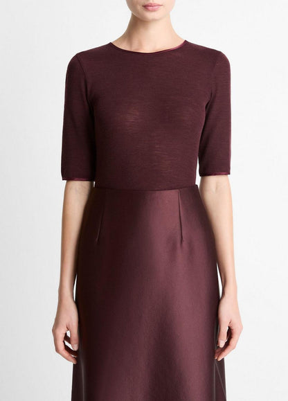 Vince Satin-Trim Wool Elbow-Sleeve T-Shirt - Shirts & Tees