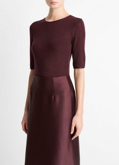 Vince Satin-Trim Wool Elbow-Sleeve T-Shirt - Shirts & Tees