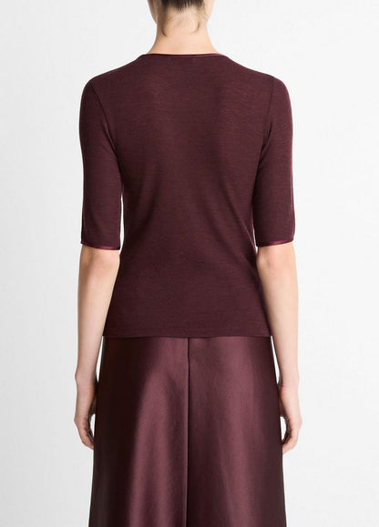 Vince Satin-Trim Wool Elbow-Sleeve T-Shirt - Shirts & Tees