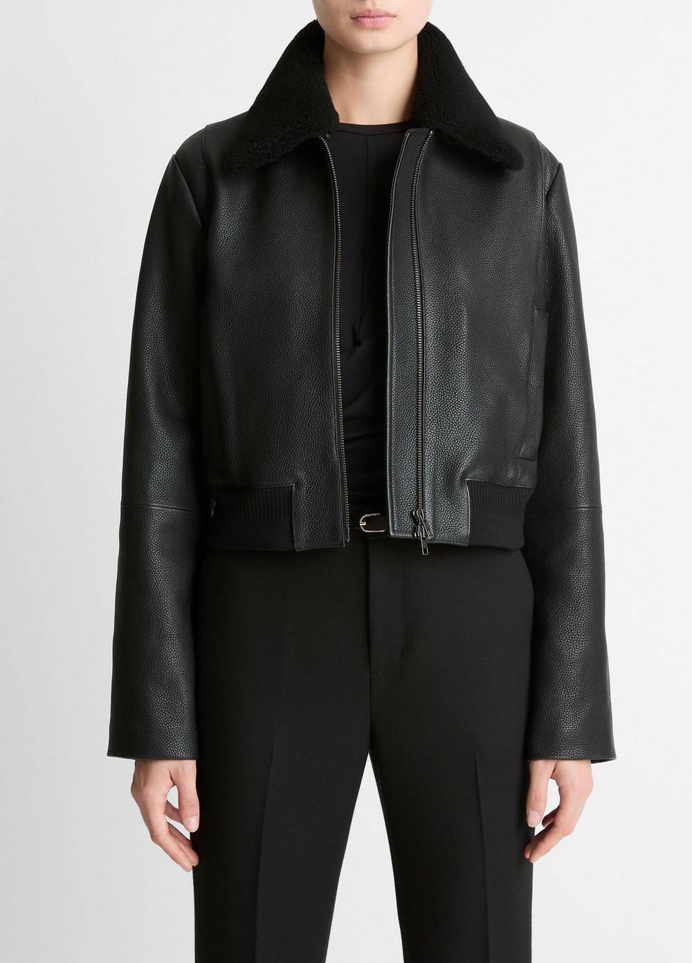 Vince Shearling-Trim Shrunken Leather Jacket - Jackets & Outerwear