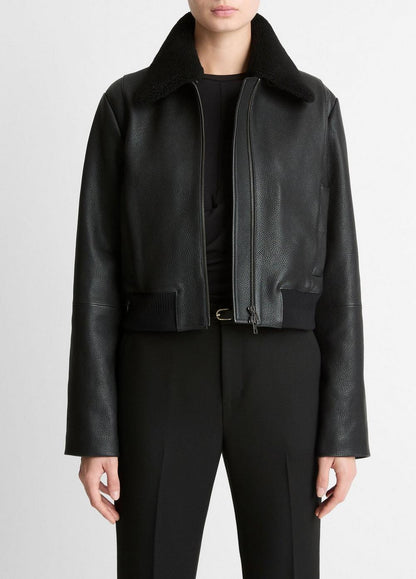 Vince Shearling-Trim Shrunken Leather Jacket - Jackets & Outerwear