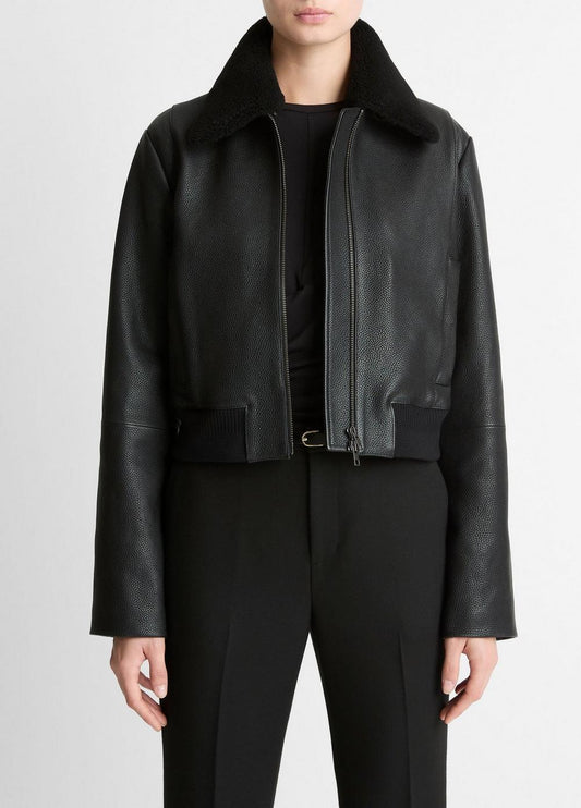 Vince Shearling-Trim Shrunken Leather Jacket - Jackets & Outerwear