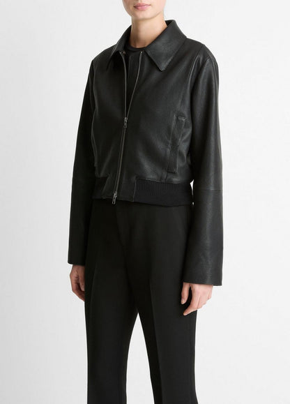 Vince Shearling-Trim Shrunken Leather Jacket - Jackets & Outerwear