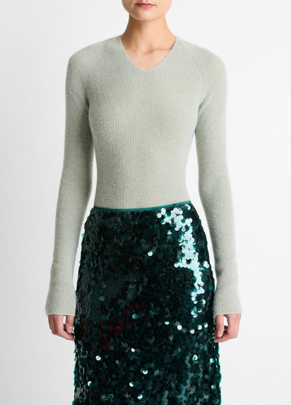 Vince Metallic Ribbed High V-Neck Sweater - Sweaters