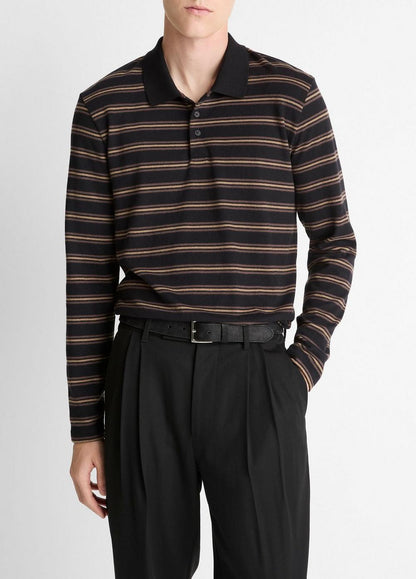 Vince Striped Cotton-Blend Long-Sleeve Polo Shirt - Tees & Hoodies