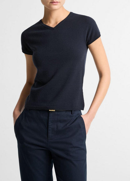 Vince Wool & Cashmere-Blend High V-Neck Short-Sleeve Sweater - Sweaters