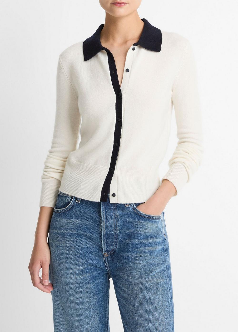 Vince Contrast-Trim Wool & Cashmere-Blend Collared Cardigan - Sweaters