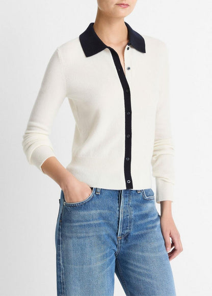 Vince Contrast-Trim Wool & Cashmere-Blend Collared Cardigan - Sweaters