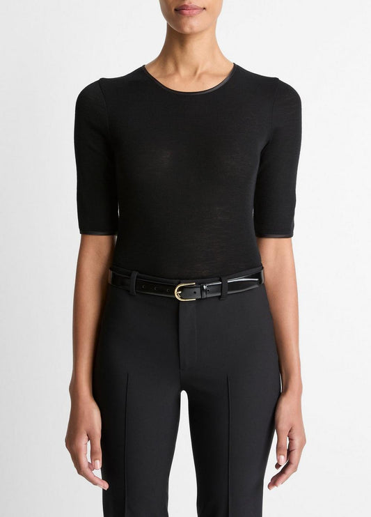Vince Satin-Trim Wool Elbow-Sleeve T-Shirt - Shirts & Tees