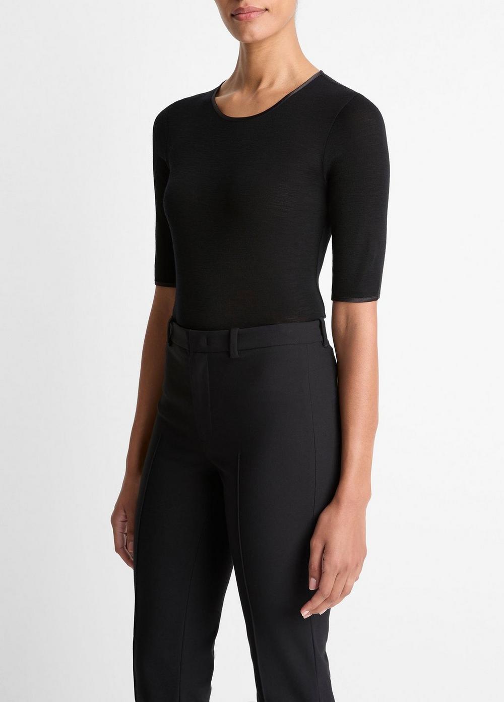 Vince Satin-Trim Wool Elbow-Sleeve T-Shirt - Shirts & Tees