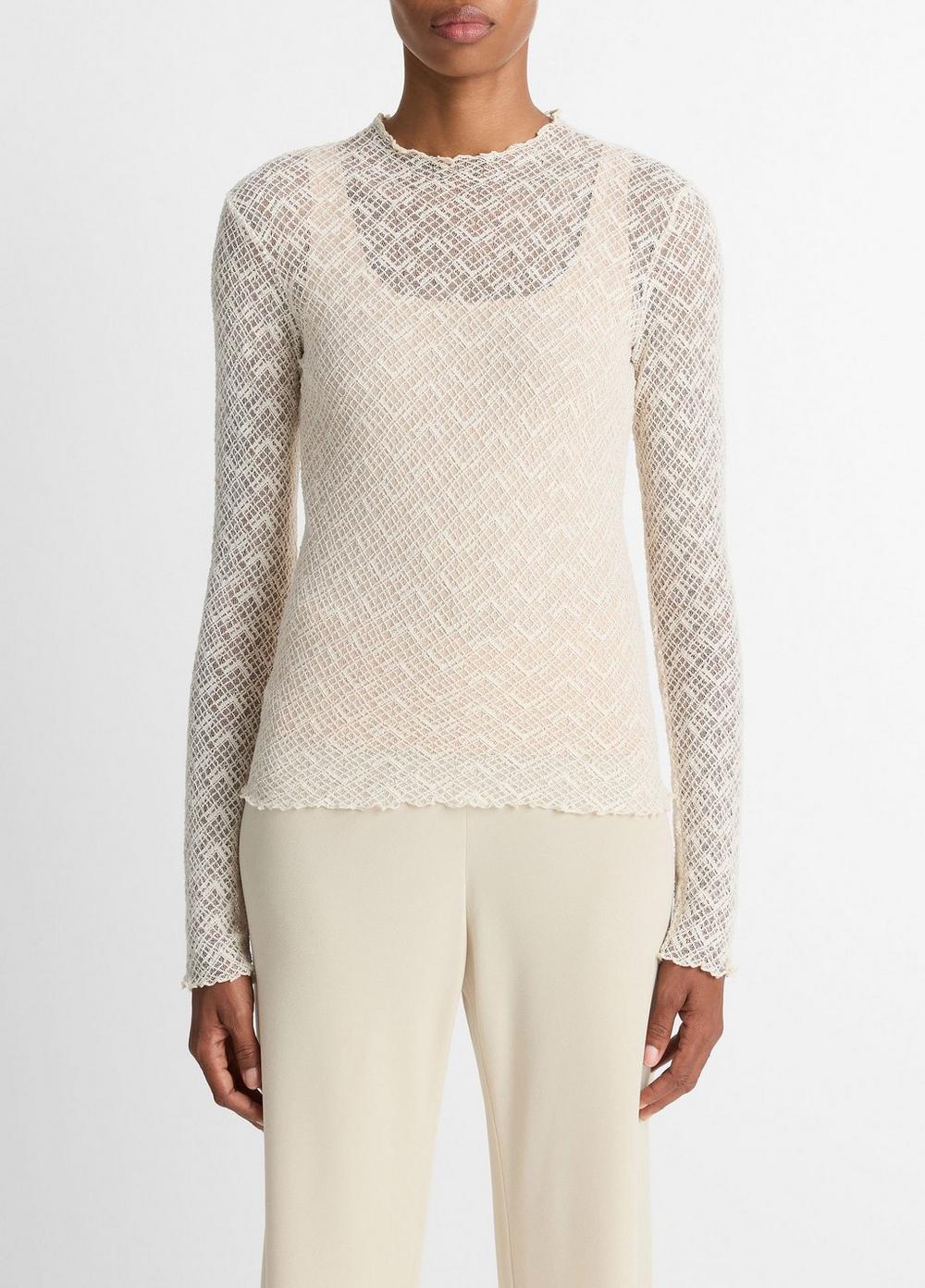 Vince Cotton-Blend Diamond Lace Mock-Neck Long-Sleeve Top - Shirts & Tees