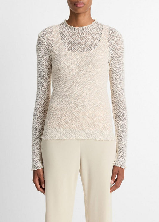 Vince Cotton-Blend Diamond Lace Mock-Neck Long-Sleeve Top - Shirts & Tees