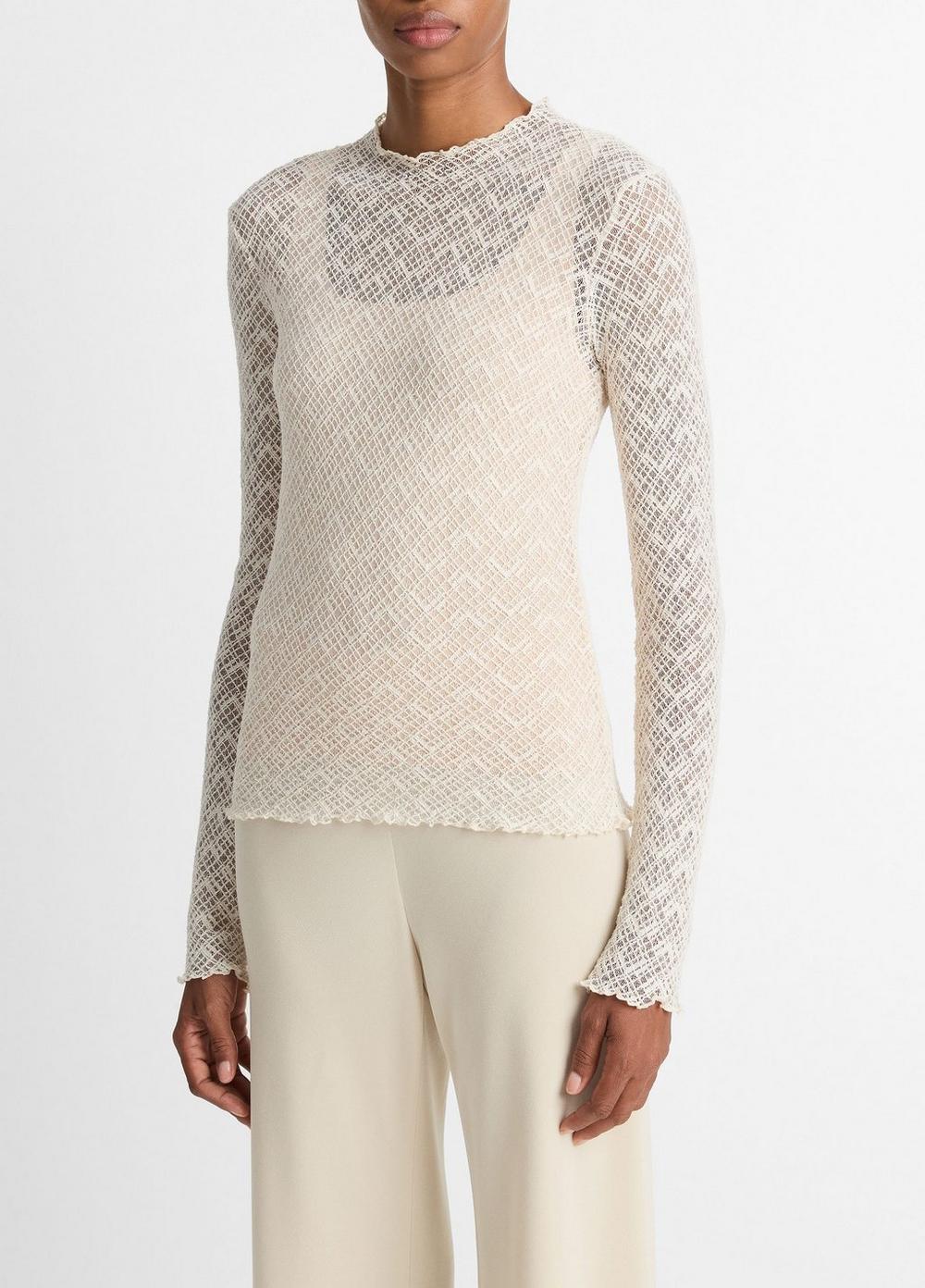 Vince Cotton-Blend Diamond Lace Mock-Neck Long-Sleeve Top - Shirts & Tees