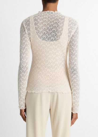 Vince Cotton-Blend Diamond Lace Mock-Neck Long-Sleeve Top - Shirts & Tees