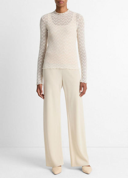 Vince Cotton-Blend Diamond Lace Mock-Neck Long-Sleeve Top - Shirts & Tees