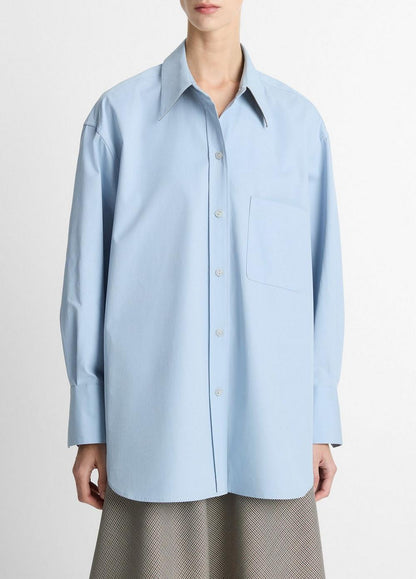 Vince Faux-Leather-Trim Italian Cotton Oversized Button-Front Shirt - Shirts & Tees