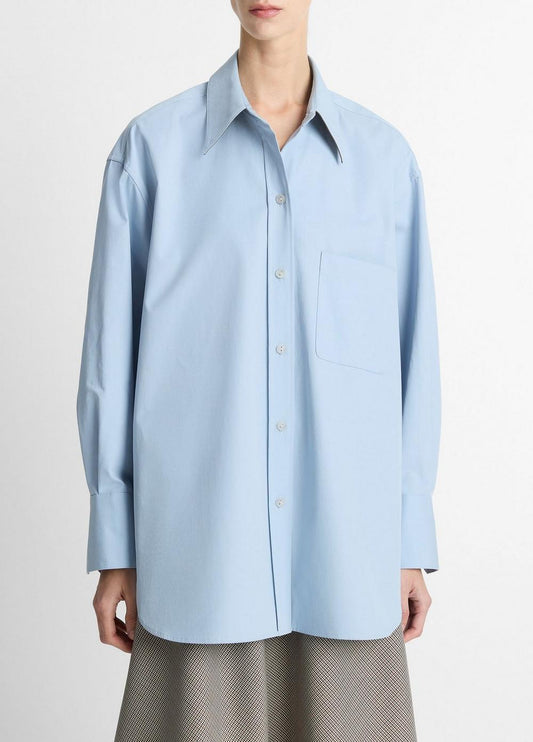 Vince Faux-Leather-Trim Italian Cotton Oversized Button-Front Shirt - Shirts & Tees