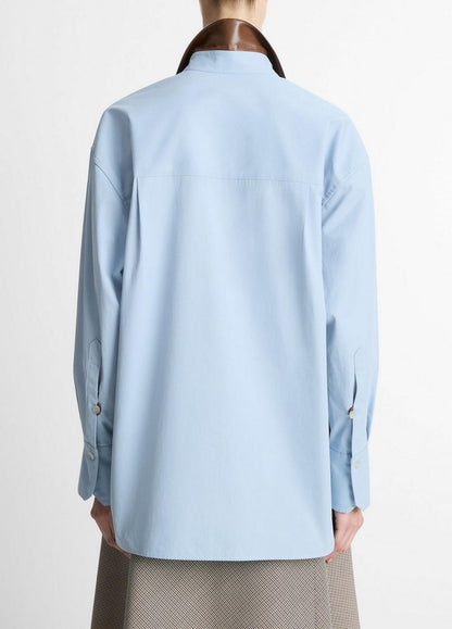 Vince Faux-Leather-Trim Italian Cotton Oversized Button-Front Shirt - Shirts & Tees