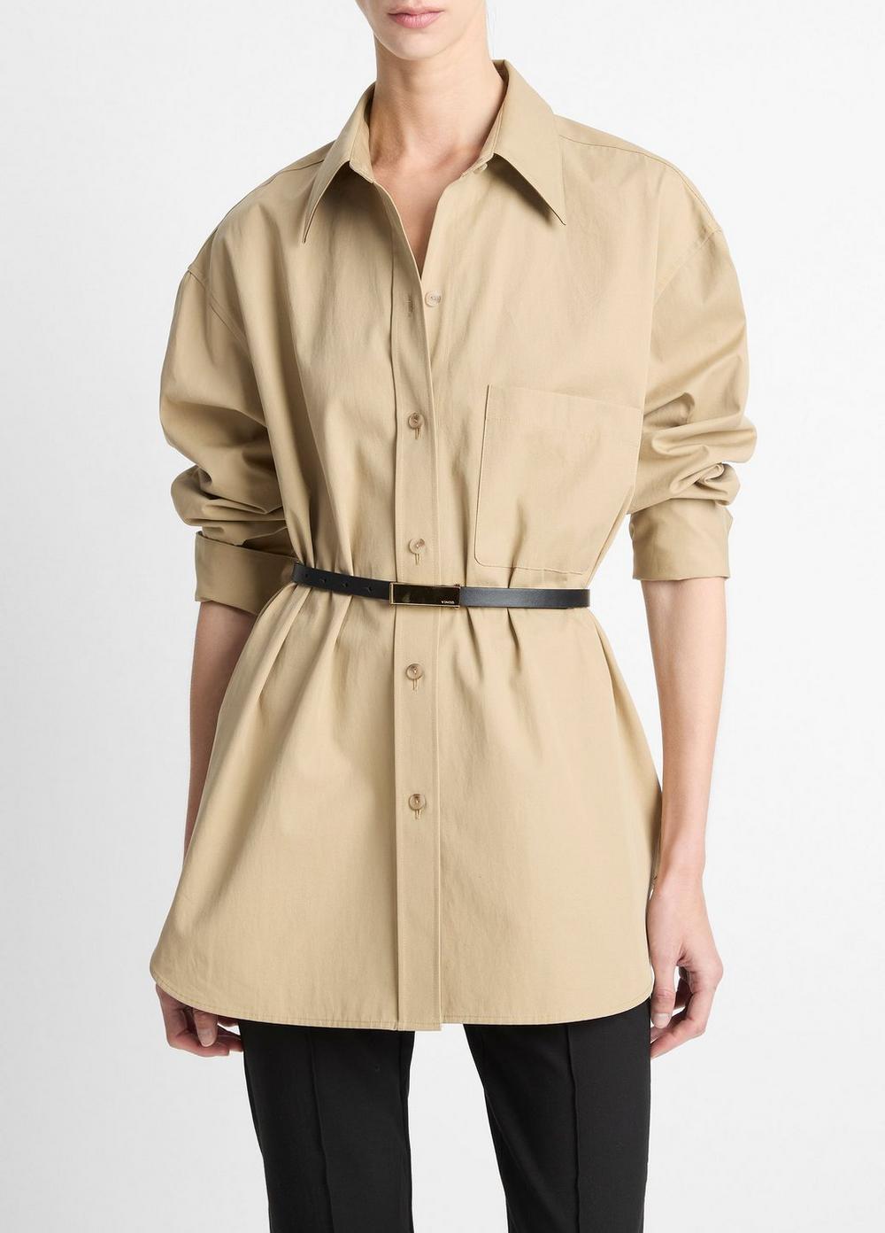 Vince Faux-Leather-Trim Italian Cotton Oversized Button-Front Shirt - Shirts & Tees
