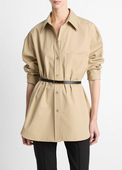 Vince Faux-Leather-Trim Italian Cotton Oversized Button-Front Shirt - Shirts & Tees