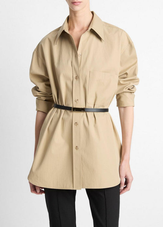 Vince Faux-Leather-Trim Italian Cotton Oversized Button-Front Shirt - Shirts & Tees