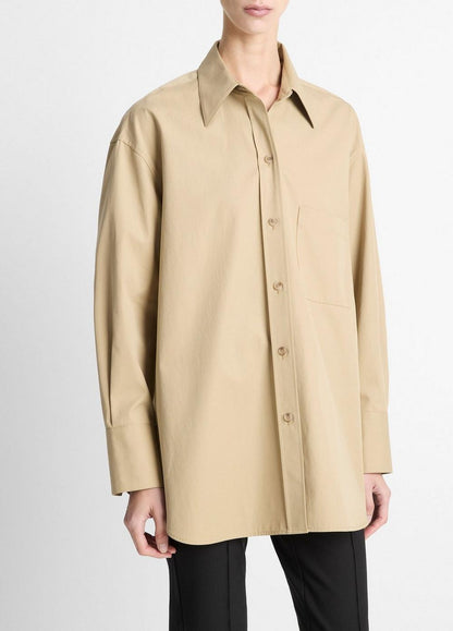 Vince Faux-Leather-Trim Italian Cotton Oversized Button-Front Shirt - Shirts & Tees