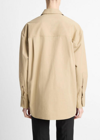 Vince Faux-Leather-Trim Italian Cotton Oversized Button-Front Shirt - Shirts & Tees