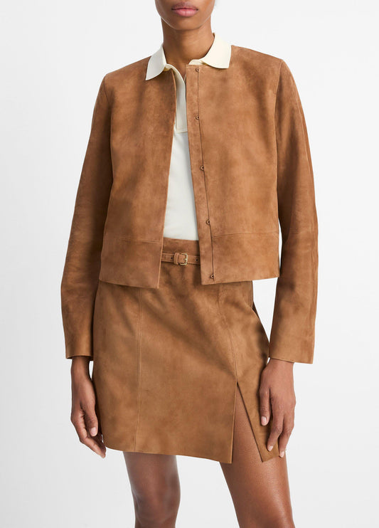 Vince Collarless Cropped Suede Jacket - Jackets & Outerwear