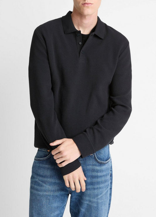 Vince Basket-Weave Cotton Long-Sleeve Polo Shirt - Tees & Hoodies
