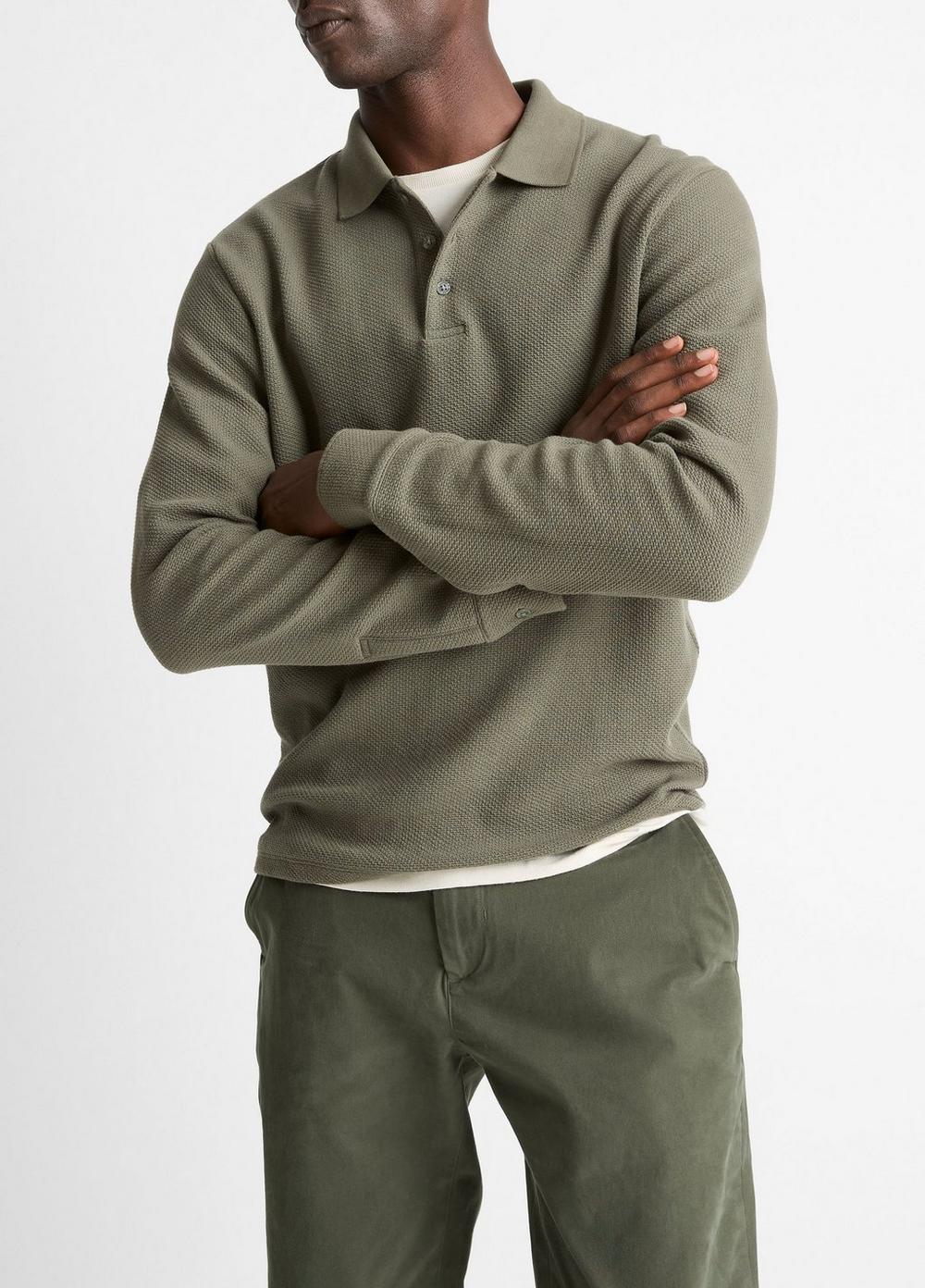 Vince Basket-Weave Cotton Long-Sleeve Polo Shirt - Tees & Hoodies