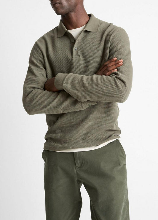 Vince Basket-Weave Cotton Long-Sleeve Polo Shirt - Tees & Hoodies